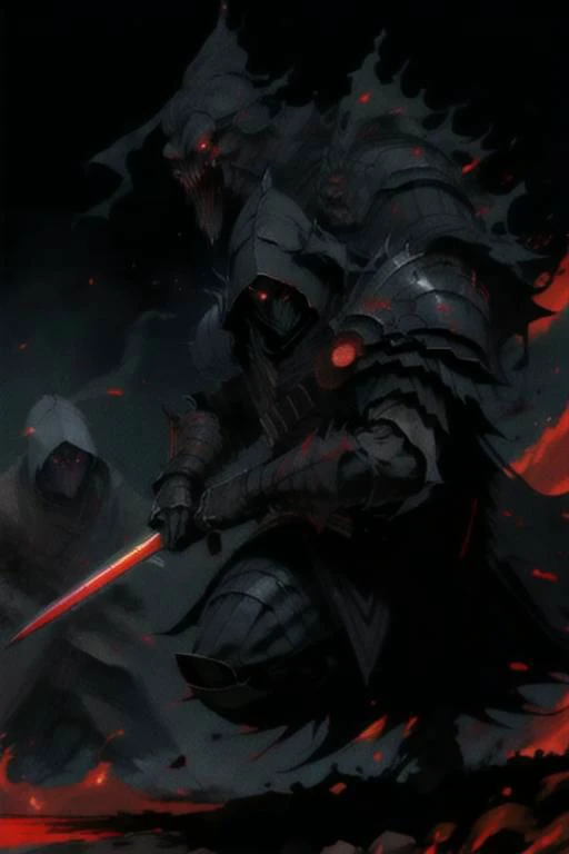 full body warrior of darkness in black cloth armor clad in shadow dark mist has red eyes with a thing red mist running from the side of his eyes upwards masked face wielding a stylized katana angrey look blood stained cape right shoulder on black fire cloth mask revealing angrey eyes, with huge red and black
, blood moon