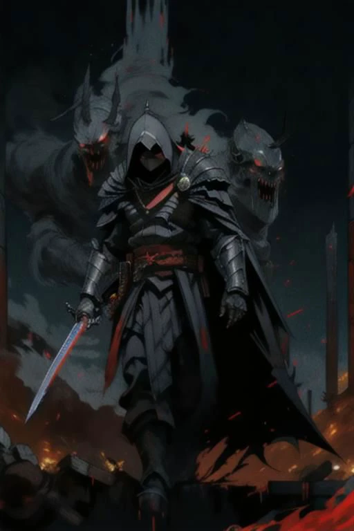 full body warrior of darkness in black cloth armor clad in shadow dark mist has red eyes with a thing red mist running from the side of his eyes upwards masked face wielding a stylized katana angrey look blood stained cape right shoulder on black fire cloth mask revealing angrey eyes, with huge red and black angle wings,
standing behind huge golden gates