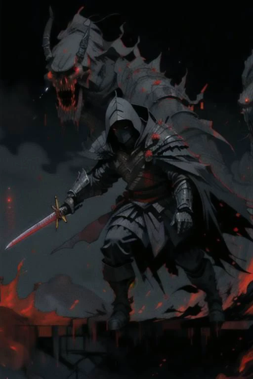 full body warrior of darkness in black cloth armor clad in shadow dark mist has red eyes with a thing red mist running from the side of his eyes upwards masked face wielding a stylized katana angrey look blood stained cape right shoulder on black fire cloth mask revealing angrey eyes, with huge red and black
, blood moon