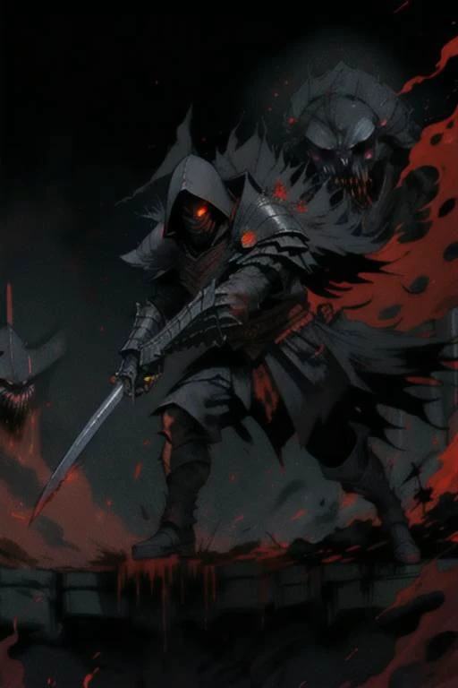 full body warrior of darkness in black cloth armor clad in shadow dark mist has red eyes with a thing red mist running from the side of his eyes upwards masked face wielding a stylized katana angrey look blood stained cape right shoulder on black fire cloth mask revealing angrey eyes, with huge red and black
, blood moon