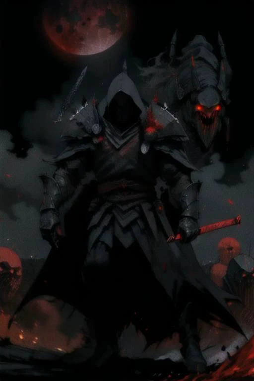 full body warrior of darkness in black cloth armor clad in shadow dark mist has red eyes with a thing red mist running from the side of his eyes upwards masked face wielding a stylized katana angrey look blood stained cape right shoulder on black fire cloth mask revealing angrey eyes, with huge red and black
, blood moon