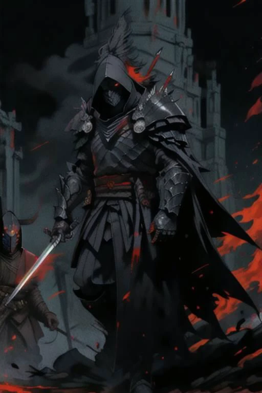 full body warrior of darkness in black cloth armor clad in shadow dark mist has red eyes with a thing red mist running from the side of his eyes upwards masked face wielding a stylized katana angrey look blood stained cape right shoulder on black fire cloth mask revealing angrey eyes, with huge red and black angle wings,
standing behind huge golden gates