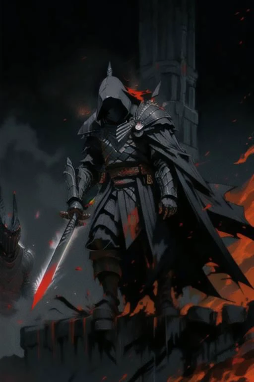 full body warrior of darkness in black cloth armor clad in shadow dark mist has red eyes with a thing red mist running from the side of his eyes upwards masked face wielding a stylized katana angrey look blood stained cape right shoulder on black fire cloth mask revealing angrey eyes, with huge red and black angle wings,
standing behind huge golden gates