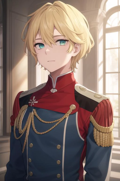 masterpiece, best quality, high quality, 1boy, solo, male focus, looking at viewer, upper body, <lora:nine_alpha:0.70>, nine_alpha, blonde hair, military uniform