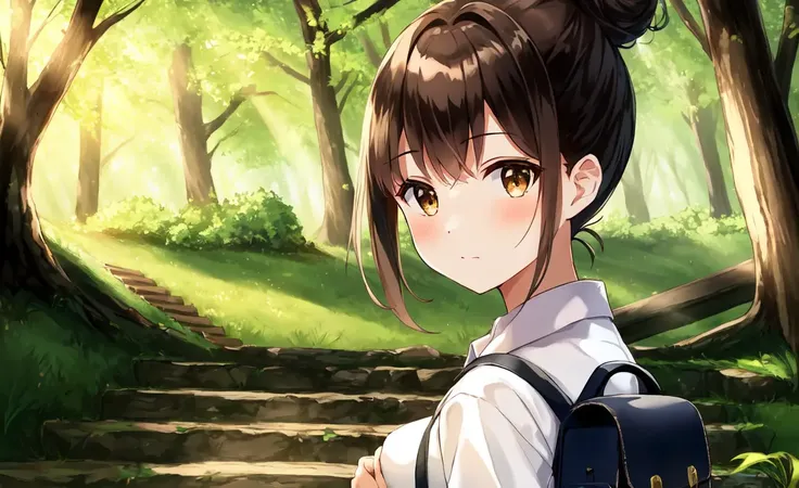 absurdres, masterpiece, highres, cinematic, full HD, 8k, intricate detail, ultra detailed, 1girl, solo, focus on face, eye focus, brown eyes, looking at viewer, skirt, nature, black hair, outdoors, tree, shirt, white shirt, stairs, black skirt, forest, short sleeves, black footwear, standing, shoes, scenery, sunlight, school uniform, day, pleated skirt, socks, ponytail, bag, looking at viewer, holding, collared shirt, plant, bangs, black socks, wide shot, moss, loafers, black eyes, closed mouth, short hair, short ponytail, light rays, holding bag, shirt tucked in, rock, blurry, dappled sunlight, full body, overgrown, grass, medium hair, school bag, railing, ruins, looking at viewer, dress shirt, long hair, sunbeam, brown eyes, depth of field, breasts, blurry foreground, hair bun, leaf, ((portrait))