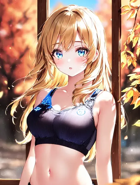 absurdres, masterpiece, highres, cinematic, full HD, 8k, intricate detail, ultra detailed, illustration, portrait, 1girl, light blonde hair, blue eyes, ((sports bra)), lens flare, depth of field, (intricate eyes), [sparkling] eyes, ((oshino_shinobu)), [bakemonogatari], (midriff:1.4), ((exposed muscle)), stomach, ((park)), [[intricate autumn (((tree))) outside]], autumn leaves, medium breasts, clear sky, atmospheric perspective, expressionless, cute_style, sad, Almost blue, Almost doing things we used to do, There's a girl here and she's almost you, Almost, All the things that you promised with your eyes, I see in hers too