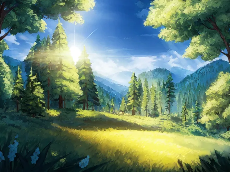 absurdres, masterpiece, highres, cinematic, full HD, 8k, intricate detail, ultra detailed, ((illustration)), landscape, forrest, lens flare, depth of field, light rays, blue sky