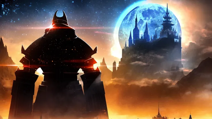 armor, building, castle, cloud, cloudy_sky, full_moon, gauntlets, (((helmet))), horizon, moon, moonlight, mountain, mountainous_horizon, night, night_sky, red_moon, sky, solo, (planet), starry_sky, sun, sword, tower, weapon, cloud, cloudy_sky, gradient_sky, horizon, lens_flare, moon, mountain, night, night_sky, orange_sky, outdoors, planet, red_sky, scenery, shooting_star, sky, skyline, skyscraper, solo, starry_sky, sunlight, tower, twilight, yellow_sky, (looking_back), ((game title JRPG)), ((JRPG title screen)), ashes, dust, (fantasy), knight looking at a celestial monster in background, (looking_back), (knight_armor), sword, shield, (post-apocalypse), (celestial_monster), a celestial monster in background, ((JRPG style art)), fog.