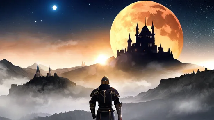 armor, building, castle, cloud, cloudy_sky, full_moon, gauntlets, (((helmet))), horizon, moon, moonlight, mountain, mountainous_horizon, night, night_sky, red_moon, sky, solo, (planet), starry_sky, sun, sword, tower, weapon, cloud, cloudy_sky, gradient_sky, horizon, lens_flare, moon, mountain, night, night_sky, orange_sky, outdoors, planet, red_sky, scenery, shooting_star, sky, skyline, skyscraper, solo, starry_sky, sunlight, tower, twilight, yellow_sky, (looking_back), ((game title JRPG)), ((JRPG title screen)), ashes, dust, (fantasy), knight looking at a celestial monster in background, (looking_back), (knight_armor), sword, shield, (post-apocalypse), (celestial_monster), a celestial monster in background, ((JRPG style art)), fog.