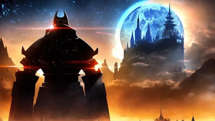 armor, building, castle, cloud, cloudy_sky, full_moon, gauntlets, (((helmet))), horizon, moon, moonlight, mountain, mountainous_horizon, night, night_sky, red_moon, sky, solo, (planet), starry_sky, sun, sword, tower, weapon, cloud, cloudy_sky, gradient_sky, horizon, lens_flare, moon, mountain, night, night_sky, orange_sky, outdoors, planet, red_sky, scenery, shooting_star, sky, skyline, skyscraper, solo, starry_sky, sunlight, tower, twilight, yellow_sky, (looking_back), ((game title JRPG)), ((JRPG title screen)), ashes, dust, (fantasy), knight looking at a celestial monster in background, (looking_back), (knight_armor), sword, shield, (post-apocalypse), (celestial_monster), a celestial monster in background, ((JRPG style art)), fog.