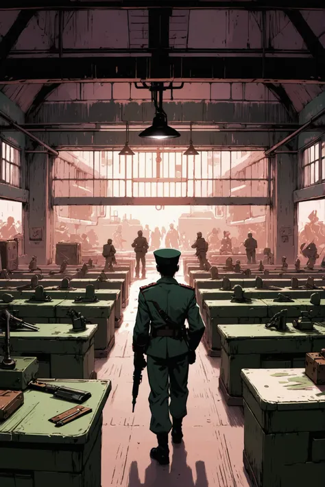 fine point pen digital painting, anime style, brightly lit interior, in a stellar Toy soldier factory<lora:EnvyStarlightAnimeInk01:1.2>