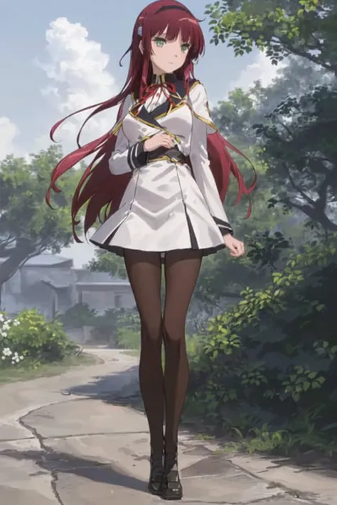 ((masterpiece, best quality, masterpiece)), ((ultra-detailed)), ((high resolution illustration)), ((an extremely delicate and beautiful)) ((1girl)), ((urushibara_shizuno, 1girl, green eyes, blunt bangs, red hair, long hair, hair ornament, medium breasts, skinny, narrow waist, wind, floating hair)), ray_tracing, (((beautiful detailed meadow, cloudy sky, outdoors))), ((photorealistic)), ((school uniform, red ribbon, white skirt, pantyhose, long sleeves, uniform, hair ornament, black hairband)), (happy), ((from front, portrait)), (dynamic pose:1.2) <lora:shizunourushibarav0.5:0.7>