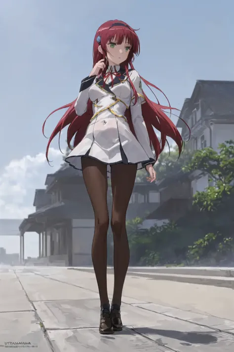 ((masterpiece, best quality, masterpiece)), ((ultra-detailed)), ((high resolution illustration)), ((an extremely delicate and beautiful)) ((1girl)), ((urushibara_shizuno, 1girl, green eyes, blunt bangs, red hair, long hair, hair ornament, medium breasts, skinny, narrow waist, wind, floating hair)),  ray_tracing, (((beautiful detailed meadow, cloudy sky, outdoors))), ((photorealistic)), ((school uniform, red ribbon, white skirt, pantyhose, long sleeves, uniform, hair ornament, black hairband)), (serious), ((from below)), (dynamic pose:1.2)  <lora:shizunourushibarav0.5:0.7>