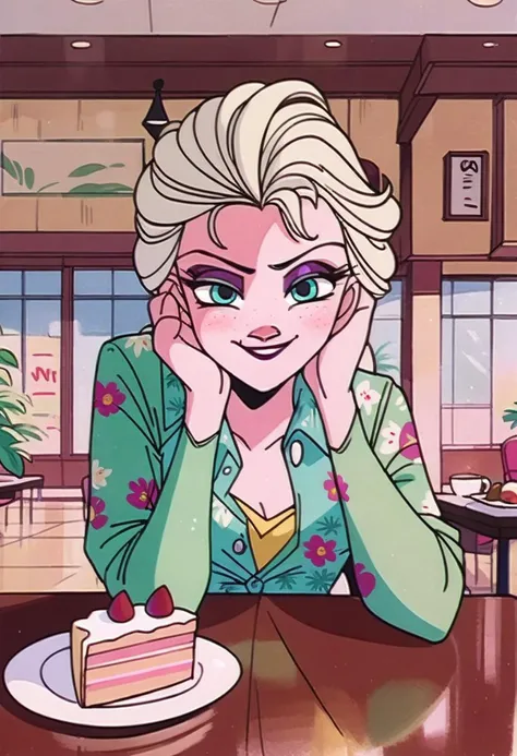 score_9, score_8_up,score_7_up, source_anime, 1girl, elsa from the movie frozen, solo,
hawaiian shirt, dress shirt, unbuttoned, multicolored shirt, shorts,
looking at viewer, pov across table, pov, table, cafe, coffee, upper body, elbow rest, seductive smile, smirk, parted lips, cake
indoors,
<lora:SlrmnRtr_pdxl_EliPot:1>