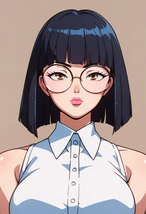 score_8_up. score_7_up, score_9, source_anime BREAK 1girl, solo,
asian girl, black hair, hime cut, bangs, medium hair, collared shirt, round glasses, huge breasts, full lips, portrait, plump lips, shiny lips, closed mouth, high cheekbones, sleeveless, slim body