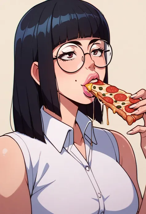 score_8_up. score_7_up, score_9, source_anime BREAK 1girl, solo,
asian girl, black hair, hime cut, bangs, medium hair, collared shirt, round glasses, huge breasts, full lips, portrait, plump lips, shiny lips, high cheekbones, sleeveless, slim body, eating pizza, slice of pizza, saliva string