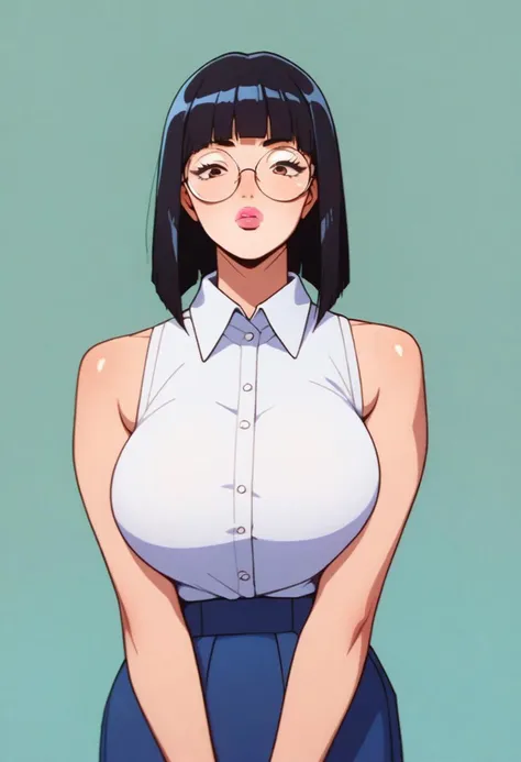 score_8_up. score_7_up, score_9, source_anime BREAK 1girl, solo,
asian girl, black hair, hime cut, bangs, medium hair, collared shirt, round glasses, huge breasts, full lips, portrait, plump lips, shiny lips, closed mouth, high cheekbones, sleeveless, slim body