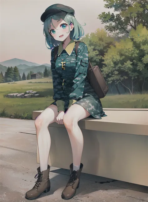 1girl,(full_body:1.2),facing_viewer ,  looking_at_viewers, (solo), sitting,
nature, wind, sunlight, mountain, forest, trees, outdoors,
smile, 
(yamashiro_takane_v10_Test3:1.0), teenage, green_hair, green_eyes, boots, white_socks, green_eyes, miniskirt, (key:1.2), camouflage, camouflage_shirt, camouflage_skirt, (green_camouflage_headwear), box_on_back