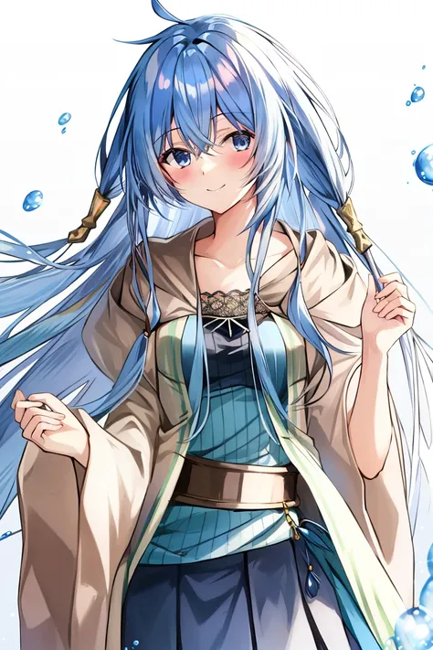 <lora:Eria_YGO-10:1.25> , eria ygo, 1girl, solo, long hair, looking at viewer, blush, smile, simple background, white background, holding, hair between eyes, closed mouth, collarbone, open clothes, wide sleeves, robe, duel monster, open robe