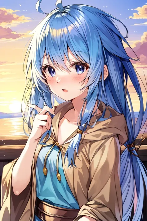 <lora:Eria_YGO-10:0.8> , masterpiece, best quality, beautiful and detailed anime face, (upper body), eria ygo, 1girl, solo, long hair, blush, open mouth, ahoge, duel monster, sunset