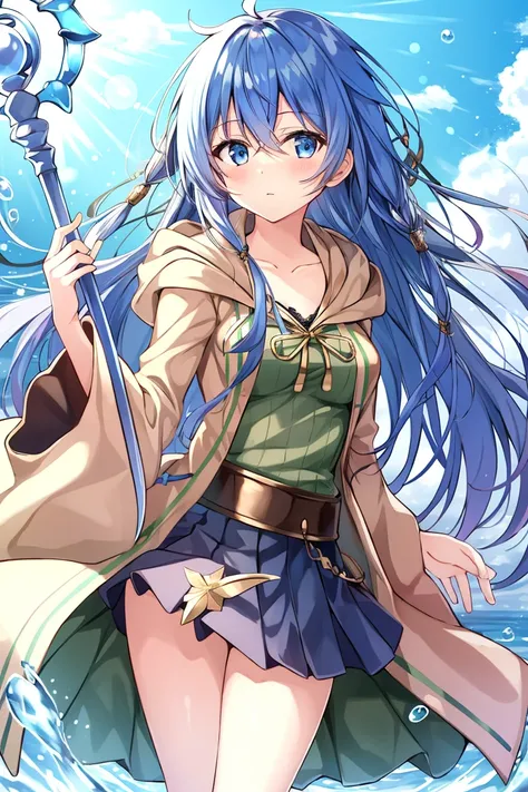 <lora:Eria_YGO-10:0.9> , masterpiece, best quality, ultra high quality cg, eria ygo, 1girl, solo, long hair, looking at viewer, skirt, shirt, long sleeves, holding, hair between eyes, medium breasts, closed mouth, collarbone, cowboy shot, pleated skirt, open clothes, hood, wide sleeves, black skirt, blue background, hood down, staff, robe, green shirt, holding staff, duel monster, ribbed shirt, open robe, hooded robe