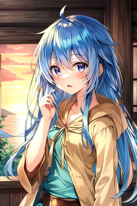 <lora:Eria_YGO-10:0.9> , masterpiece, best quality, beautiful and detailed anime face, (upper body), eria ygo, 1girl, solo, long hair, blush, open mouth, ahoge, duel monster, sunset