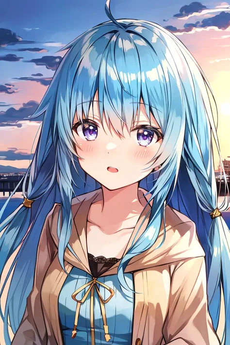 <lora:Eria_YGO-10:0.8> , masterpiece, best quality, beautiful and detailed anime face, (upper body), eria ygo, 1girl, solo, long hair, blush, open mouth, ahoge, duel monster, sunset