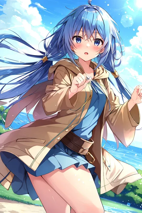 <lora:Eria_YGO-10:0.9> , (masterpiece:1.5), best quality, beautiful and detailed anime face, perfect anatomy, dynamic pose, eria ygo, 1girl, solo, long hair, blush, open mouth, ahoge, duel monster, scenery