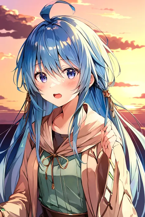 <lora:Eria_YGO-10:0.8> , masterpiece, best quality, beautiful and detailed anime face, (upper body), eria ygo, 1girl, solo, long hair, blush, open mouth, ahoge, duel monster, sunset