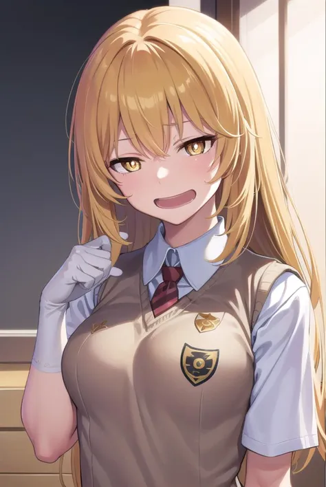 misakishokuhou, <lyco:misakishokuhou-lyco-nochekaiser:1>, 
misaki shokuhou, blonde hair, hair between eyes, long hair, (symbol-shaped pupils:1.5), (yellow eyes:1.5), <lora:smirkingeye_v100:1>, <lora:smirkingmouth_v100:1>, open mouth,
BREAK elbow gloves, gloves, school uniform, short sleeves, summer uniform, sweater vest, tokiwadai school uniform, white gloves, (light brown sweater vest:1.2),
BREAK looking at viewer, full body, upper body,
BREAK indoors, classroom,
BREAK <lora:GoodHands-vanilla:1>, (masterpiece:1.2), best quality, high resolution, unity 8k wallpaper, (illustration:0.8), (beautiful detailed eyes:1.6), extremely detailed face, perfect lighting, extremely detailed CG, (perfect hands, perfect anatomy),