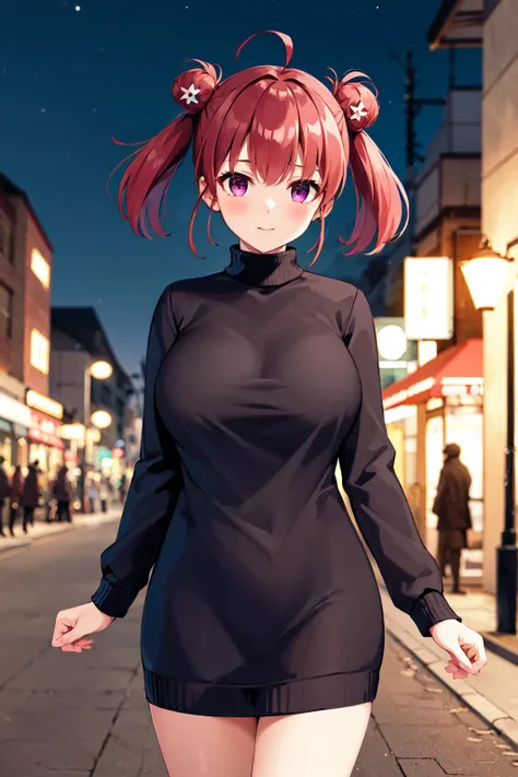 masterpiece, best quality, highres, 1girl, solo, short hair, red hair, short twintails, double bun, ahoge, hair ornament, purple eyes, large breasts, sweater dress, long sleeves, turtleneck, outdoors, street, standing, cowboy shot, night