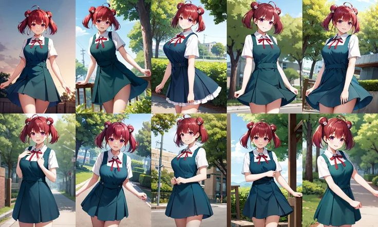 masterpiece, best quality, highres, 1girl, solo, short hair, red hair, short twintails, double bun, ahoge, hair ornament, purple eyes, large breasts, school uniform, neck ribbon, white shirt, pinafore dress, short sleeves, <lora:hashima_izumi_v1:0.7>, standing, cowboy shot, outdoors, smile