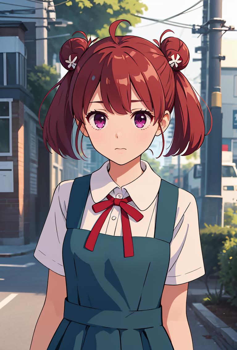 Anime girl with red hair and a white shirt and blue dress - SeaArt AI