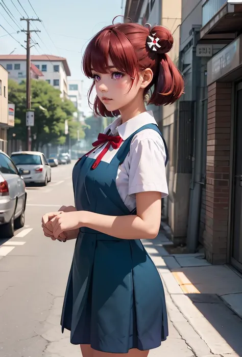 (masterpiece, best quality), 1girl,   <lora:hashima_izumi_v1:0.8> 1girl, solo, short hair, red hair, short twintails, double bun, ahoge, hair ornament, purple eyes, school uniform, neck ribbon, white shirt, pinafore dress, short sleeves