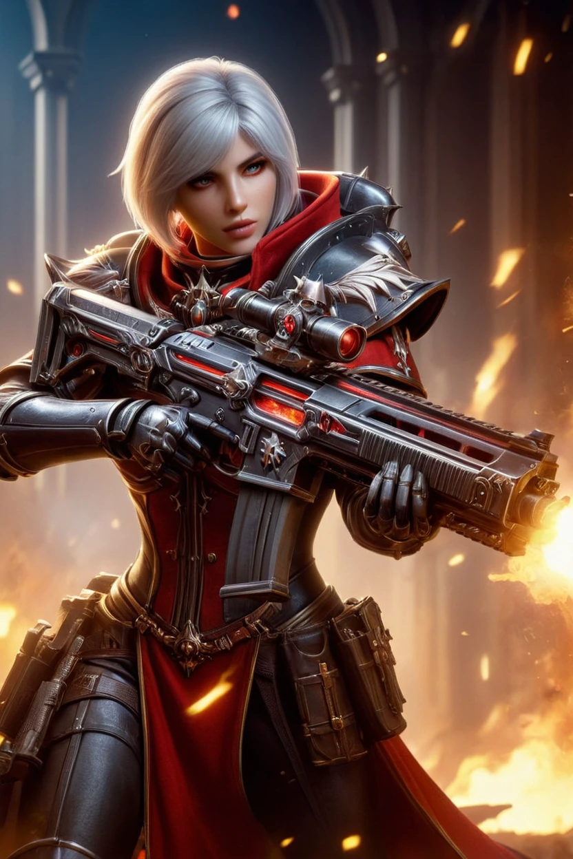 adepta sororitas, epic, cinematic scene, scenery, detailed background, (full body:1.5), masterpiece, realistic, best quality, highres, 4k, ray tracing, intricate details, highly detailed, sharp focus, <lora:Perfect Hands v2:1.5> Perfect Hands <lora:adepta_sororitas_xl_v1:1> adepta sororitas <lora:XL_Weapon_Assault_Rifle_-_By_HailoKnight:0.8> Assault Rifle