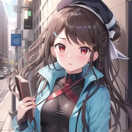 (masterpiece, best quality:1.2),illustration,8k,hd,1girl,solo,city,upper body,(portrait:1.2),kimberly (azur lane),standing,bangs,belt,brown hair,red eyes,fringe,thighhighs,black bodysuit,long hair,blue footwear,blue gloves,blue hat,blue jacket,blush,bodysuit,braid,buckle,covered navel,cropped jacket,cropped vest,beret,cross-laced footwear,fingerless gloves,hair ornament,hairclip,high heel boots,high heels,jacket,knee boots,lace-up boots,long sleeves,multicolored hair,open clothes,open jacket,parted bangs,partial bodysuit,short shorts,shorts,side braid,sidelocks,<lora:Kimberly(azur):0.6>,