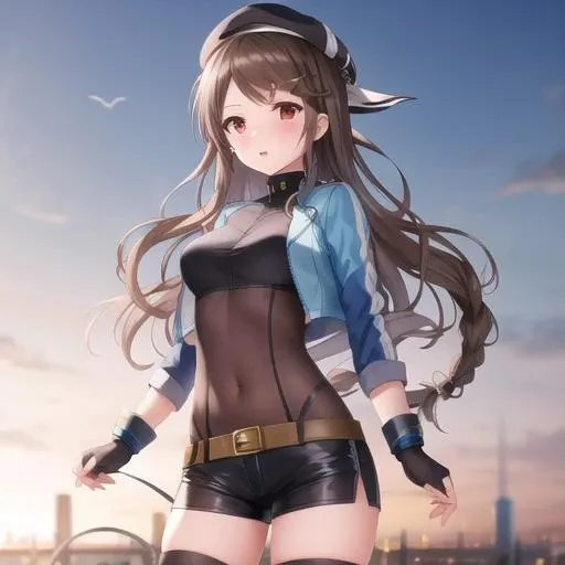 red eyes,(masterpiece, best quality:1.2),illustration,8k,hd,1girl,solo,city,cowboy shot,kimberly (azur lane),standing,bangs,brown hair,fringe,thighhighs,black bodysuit,long hair,blue footwear,belt,blue gloves,blue hat,blue jacket,blush,bodysuit,braid,buckle,covered navel,cropped jacket,cropped vest,beret,cross-laced footwear,fingerless gloves,hair ornament,hairclip,high heel boots,high heels,jacket,knee boots,lace-up boots,long sleeves,multicolored hair,open clothes,open jacket,parted bangs,partial bodysuit,short shorts,shorts,side braid,sidelocks,<lora:Kimberly(azur):0.7>,