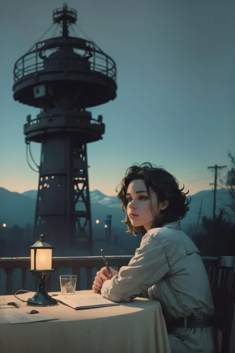 (art by Ed Brubaker:1.1), Photograph, dreamy magical atmosphere, Blue hefty Canadian a painting, Writing articles, Mundane Dark hair, angelic halo, Makeup, background is 1600'S Telecommunications tower, at Blue hour, ultrafine detailed, hyperdetailed, rim light, film grain, film camera, 35mm, anaglyph effect, <lora:youzhiworldV2:1>