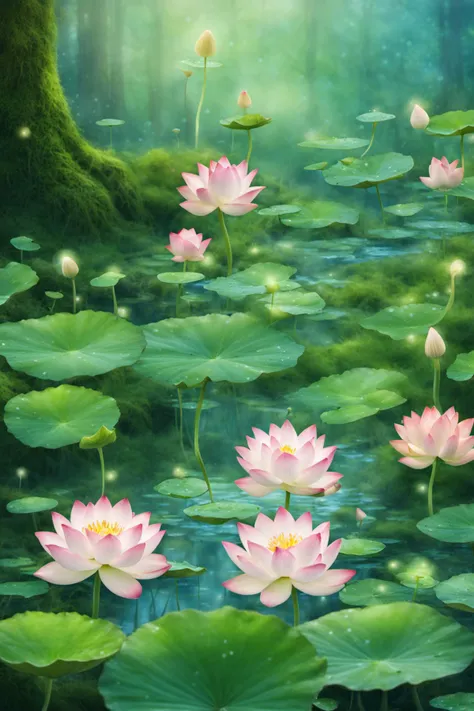 <lora:hehua:0.9>,hv, no humans, lily pad, water, scenery, flower, nature, outdoors, forest, lotus, plant, fantasy, moss, leaf, pond, mushroom,plant,