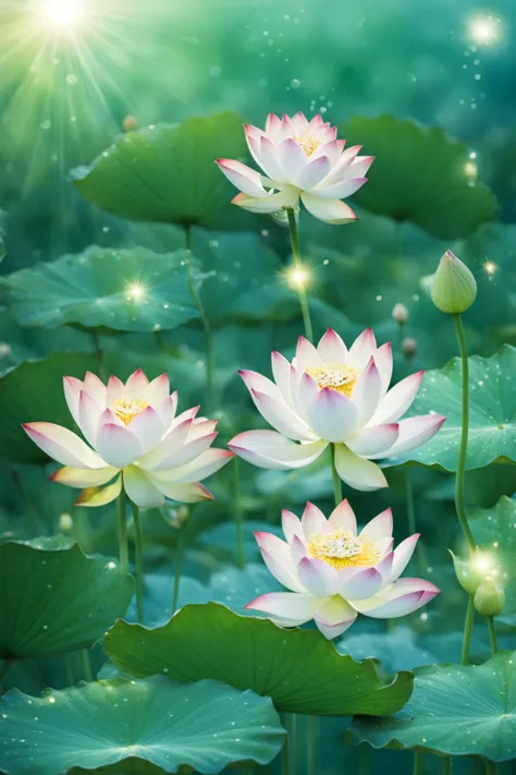 <lora:hehua:0.9>,hv,no humans,lily pad,flower,sparkle,lotus,scenery,outdoors,leaf,nature,water,light rays,blurry,
