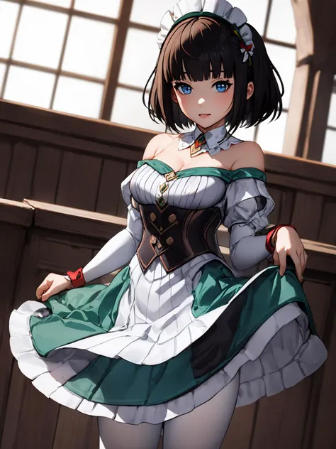 masterpiece, best quality, 1girl, solo, <lora:GenshinNPC_Katheryne_V9-000000:0.9>, medieval town, portrait, cowboy shot, face, medium hair, jewelry, gem, green and white dress,off-shoulder, bow, white pantyhose, vertical-striped pantyhose, puffy sleeves, blunt bangs, detached collar, maid headdress, red bow, green collar, green shoes, corset, blue eyes, black hair, short hair, pov, <lora:envybetterhandsLocon_beta2:1>