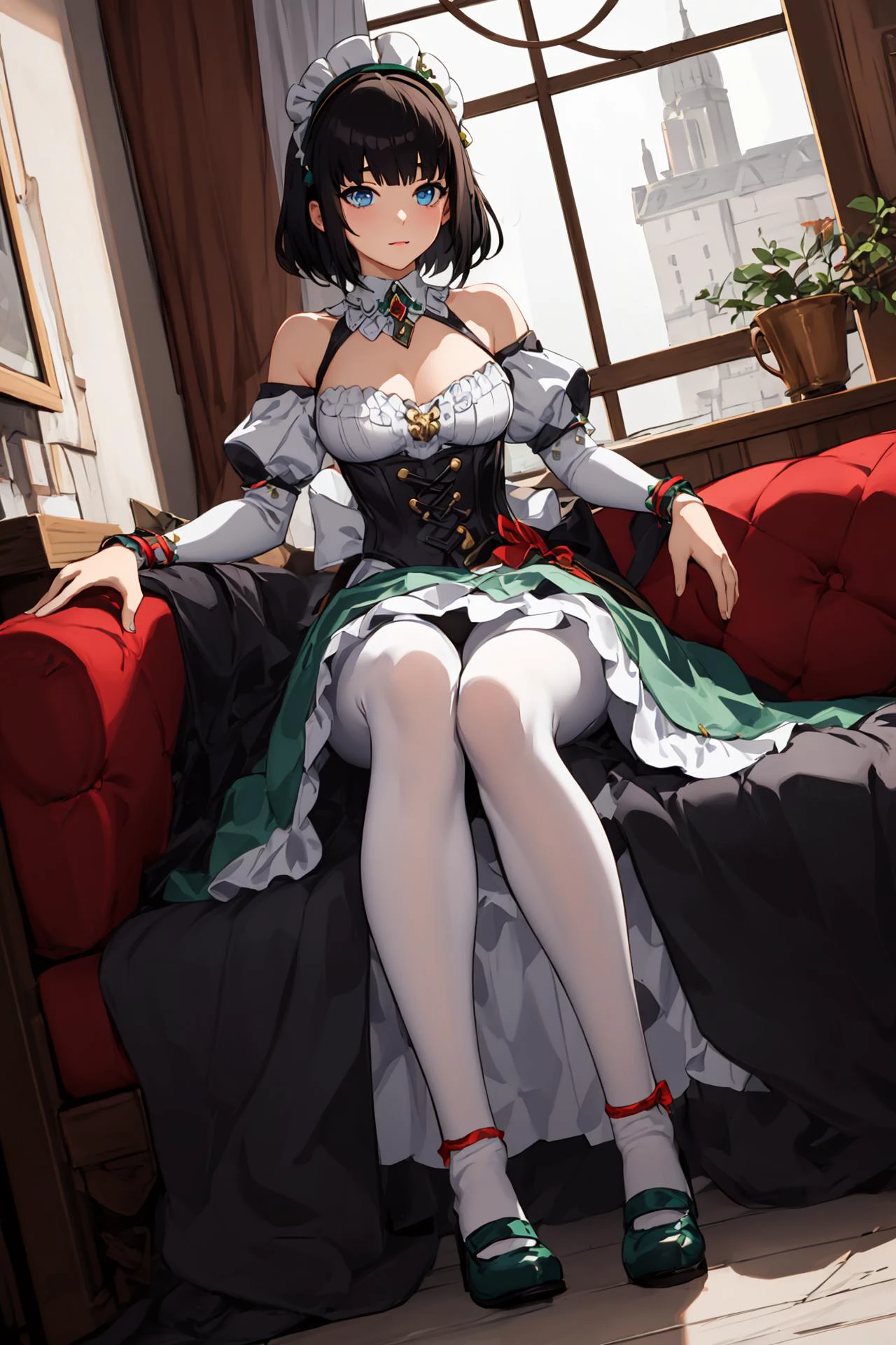 masterpiece, best quality, 1girl, <lora:GenshinNPC_Katheryne_V9-000000:0.7>, medieval times, full body, medium hair, jewelry, gem, green and white dress, off-shoulder, bow, white pantyhose, vertical-striped pantyhose, puffy sleeves, blunt bangs, detached collar, maid headdress, red bow, green collar, green shoes, corset, blue eyes, black hair, short hair,