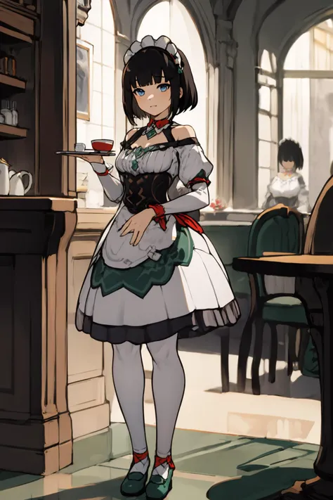 masterpiece, best quality, 1girl, <lora:GenshinNPC_Katheryne_V9-000000:1.0>, standing, serving tea in a cafe, medieval times, full body, medium hair, jewelry, gem, green and white dress, off-shoulder, bow, white pantyhose, vertical-striped pantyhose, puffy sleeves, blunt bangs, detached collar, maid headdress, red bow, green collar, green shoes, corset, blue eyes, black hair, short hair,