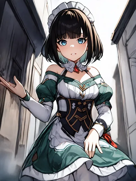 masterpiece, best quality, 1girl, solo, <lora:GenshinNPC_Katheryne_V9-000000:0.8>, medieval town, portrait, cowboy shot, face, medium hair, jewelry, gem, green and white dress,off-shoulder, bow, white pantyhose, vertical-striped pantyhose, puffy sleeves, blunt bangs, detached collar, maid headdress, red bow, green collar, green shoes, corset, blue eyes, black hair, short hair, <lora:hoyo2:0.5>, pov, <lora:envybetterhandsLocon_beta2:1>