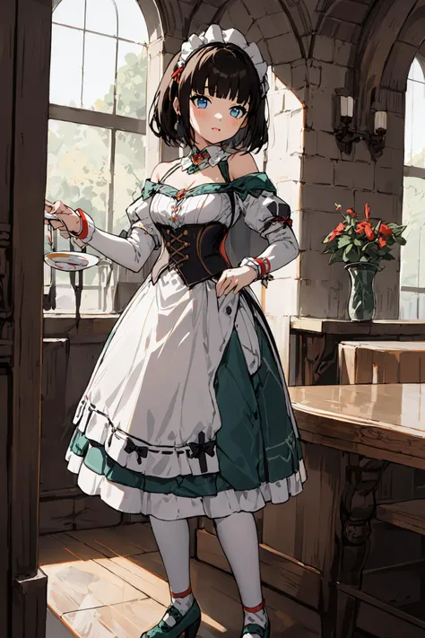 masterpiece, best quality, 1girl, <lora:GenshinNPC_Katheryne_V9-000000:0.8>, standing, serving tea in a cafe, medieval times, full body, medium hair, jewelry, gem, long skirt, maid, green and white dress, off-shoulder, bow, white pantyhose, vertical-striped pantyhose, puffy sleeves, blunt bangs, detached collar, maid headdress, red bow, green collar, green shoes, corset, blue eyes, black hair, short hair, long skirt,