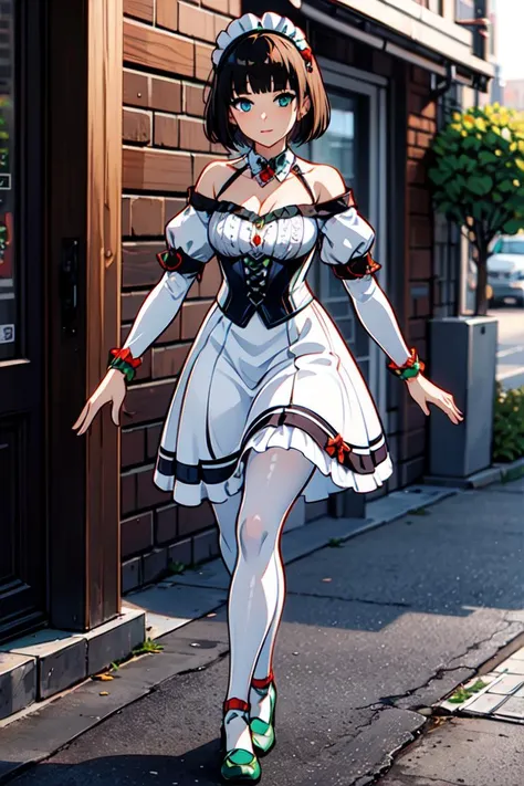 (masterpiece, sidelighting, finely detailed beautiful eyes: 1.2), masterpiece*portrait, 3d face, lustrous skin,ik1, 1girl,
, <lora:GenshinNPC_Katheryne_V9-000000:0.8>,walking around town, full body, medium hair, jewelry, gem, long skirt, maid, green and white dress, off-shoulder, bow, white pantyhose, vertical-striped pantyhose, puffy sleeves, blunt bangs, detached collar, maid headdress, red bow, green collar, green shoes, corset, blue eyes, black hair, short hair,