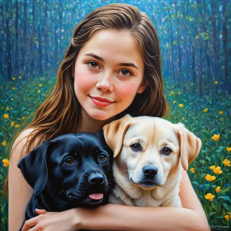 by Victor Nizovtsev and Becky Cloonan in the style of Phuoc Hoai Nguyen and Mark Keathley and Jasmine Becket-Griffith, cute 18 year old woman and her dog, digital oil pastel on canvas<lora:oil_pastel:1.00> of a cinematic photo <lora:juggernaut_cinematic:1.00>