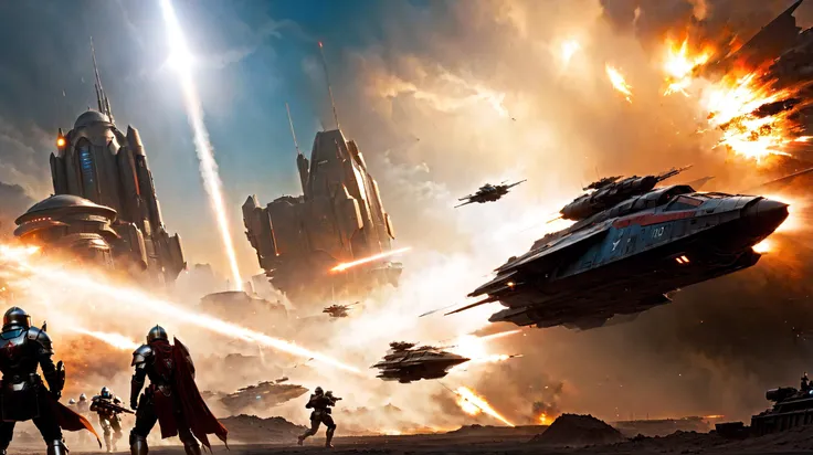 (action shot of a far metallic red/grey    (long  crusader spaceship tilted backwards, banked turn) attack the soldiers on the ground  lands with a loud noise, lifting the dust from the ground, smoke streaming from the reactors below, in a  (dystopian cyberpunk city) at sunset, (a cyborgs soldiers in the foreground attack with blaster:1.2), a visor over the eyes, with passengers waiting to board, people working on the spaceship, repairing it:1.3) ((black, red, white:1.1) cybernetic bodyarmor:1.2), (the armor is damaged:1.1), (layers of rust, dust and blood on the armor are visible:1.3) threatening weapon
((thin film of oil on metal))
movie still, film still, cinematic shot, scenery, side view, Cinematic scene, extreme long shot, view from below shot, dynamic angle, dynamic pose, science fiction style, motion blur, masterpiece, best quality,  natural lighting, soft lighting, rim sunlight, wide-angle, fire, battle, red sun, (the hero saves the girl and she dies in his arms:1.6)
intricate details, highly detailed, high quality, sharp focus Professional photography, bokeh, natural lighting, cinema composition, film framing, dramatic sunset cloudy sky, J. M. W. Turner sunset, moody, Bronze indoors, "Dune" movie, , night, dark theme, cables, Science Fiction land vehicles, smoke, detailed ground, rocks, plants, vegetation, (people running to the spaceship whith guns:1.2), sign , signal,
(8k) DSLR, uhd, hdr (masterpiece, top quality, best quality, beautiful and aesthetic:1.2), cinematic light, volumetric lighting, rim lighting, , lens flare, soft bokeh, science fiction, cyberpunk city, far perspective, Airbrush painting, FUJIFILM X-T3, 35mm, (lens flares:1.2), (motion blur:1.3)
cinematic Rim illumination, epic, breathtaking, dramatic, completed artwork, far perspective, (2 tone blue emerald /orange lighting:1.2) golden hour,   desaturated colors, muted colors,
<lora:offset_0.2:0.5> <lora:AdvancedEnhancerXL:1>   <lora:wowifierXL:0.1> art by mooncryptowow <lora:Cloudify-SDXL:1.2>  
<lora:cyborg_style_xl:0.6> fdxlborisvallejo style, Art by Boris Vallejo, <lora:FDXLBorisVallejo:0.6>         <lora:Grit-SDXL:0.5> pbr texture, grit, stains, rust, metal worn edges,          <lora:SDXL Science Fiction :0.8> <lora:JuggerCineXL2:1> <lora:TLS:-1> <lora:!action-sdxl-V0.5:1.3>   <lora:starcitizen-lora:0.5>