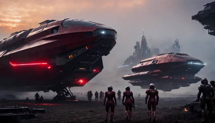 (action shot of a far metallic red/grey aegis far away (long spaceship) landing on the ground tilted backwards, tilted it lands with a loud noise, lifting the dust from the ground, smoke streaming from the reactors below, in a vibrant dystopian cyberpunk city at sunset, (a female/male cyborgs in the foreground is watching:1), a visor over the eyes, with passengers waiting to board, people working on the spaceship, repairing it:1.3) ((black, red, white:1.1) cybernetic bodyarmor:1.2), (the armor is damaged:1.1), (layers of rust, dust and blood on the armor are visible:1.3) threatening weapon
movie still, film still, cinematic shot, scenery, side view, Cinematic scene, extreme long shot, view from below shot, dynamic angle, dynamic pose, science fiction style, motion blur, masterpiece, best quality, 8k, natural lighting, soft lighting, rim sunlight, wide-angle,
intricate details, highly detailed, high quality, sharp focus Professional photography, bokeh, natural lighting, cinema composition, film framing, dramatic sunset cloudy sky, J. M. W. Turner sunset, moody, Bronze indoors, Dune movie, night, dark theme
(masterpiece, top quality, best quality, beautiful and aesthetic:1.2), cinematic light, volumetric lighting, rim lighting, , lens flare, soft bokeh, science fiction, cyberpunk city, far perspective, Airbrush painting, Canon EF, 35mm, Vibrant Color, (lens flares:1.1), (motion blur:1.3) RAW photo shot by dslr Fujifilm XT3, , visually stunning, dark atmosphere, night,
cinematic Rim illumination, epic, breathtaking, dramatic, completed artwork, far perspective,
<lora:offset_0.2:1> <lora:wowifierXL:0.2> <lora:Cloudify-SDXL:0.8> <lora:starcitizen-lora:0.7> art by mooncryptowow
<lora:cyborg_style_xl:0.2> fdxlborisvallejo style, Art by Boris Vallejo, <lora:FDXLBorisVallejo:1> <lora:AdvancedEnhancerXL:1.5> <lora:SDXL Science Fiction :0.2> <lora:!action-sdxl-V0.5:0.1> <lora:JuggerCineXL2:1> <lora:TLS:-2>