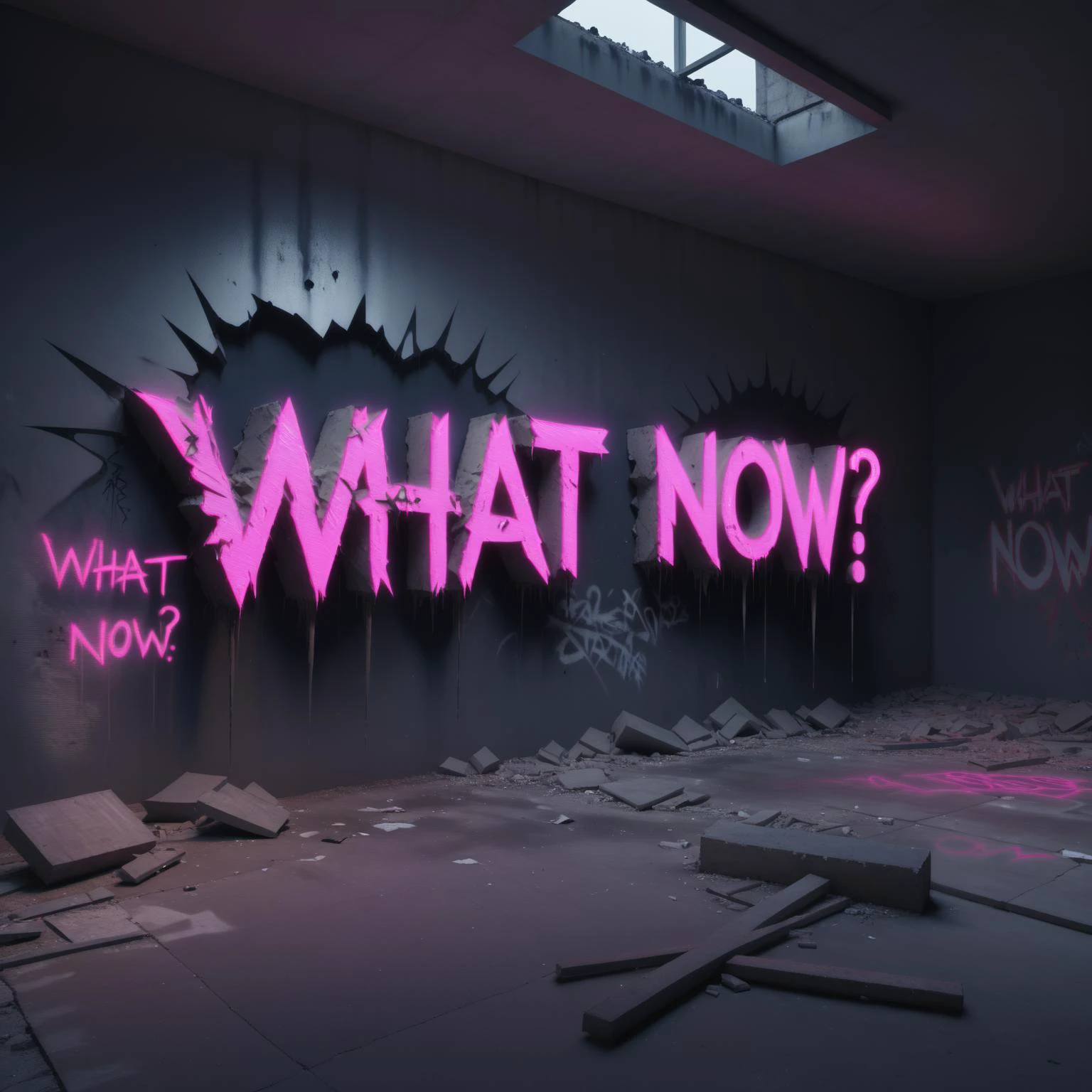 <lora:Harrlogos_v2.0:1> ('What Now?' text logo:1.4), desolate, abandoned, crumbled, graffiti, Banksy, neon, broken neon lights, neon paint, neon graffiti, surreal, punk, littered ground, broken wall, crumbling concrete, dramatic lighting, cinematic, atmospheric, intricate detail, extreme detail, UHD, 8k, masterpiece,<lora:Neon_Environments:1>, <lora:add-detail-xl:1>, <lora:JuggerCineXL2:1>